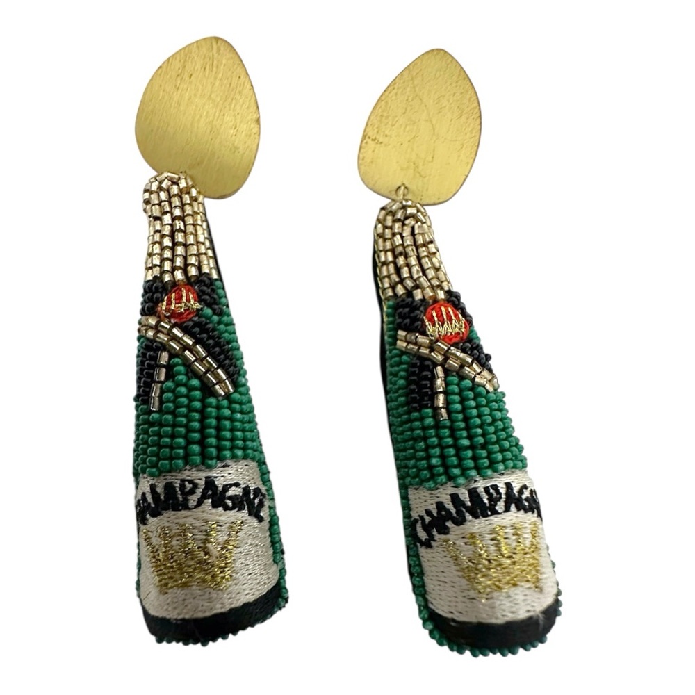 Allie Beads Champagne Bottle Statement Beaded Earrings Gold Green Jewelry Gift